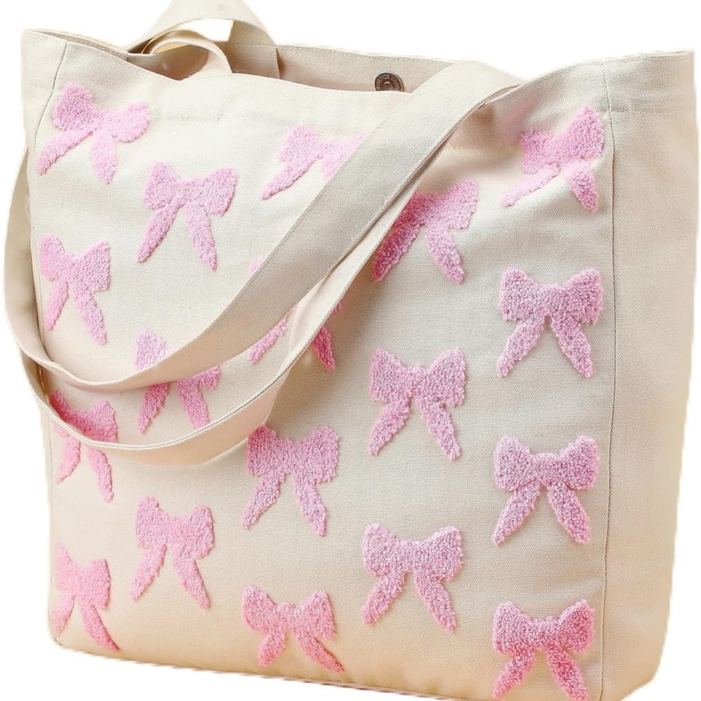 🎀Embroidered pink Bow Canvas Tote Bag